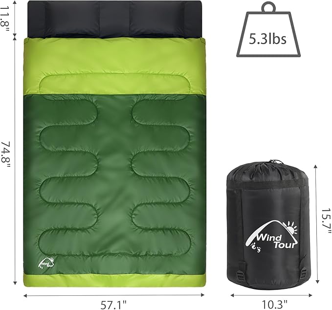 Double Sleeping Bag for with 2 Pillows - Lightweight 2 Person Sleeping Bag Adults &amp Teens Cotton for Camping Backpacking Hiking with Carrying Bag for Cold &amp Warm