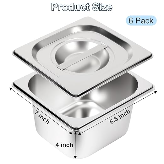 6 Pack 1/6 Size Hotel Pans 4 Inch Deep with Lids Stainless Steel Steam Table Pan with Lids Commercial Food Pans for Hotel Home Restaurant Catering Buffet Pan