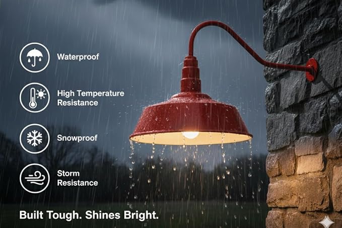 AGB101-AS20-RED Gooseneck Barn Light - Red Outdoor Dome with Incandescent Downlight | Wall-Mount Fixture for Patios Gardens Pathways and Large Outdoor Living Spaces