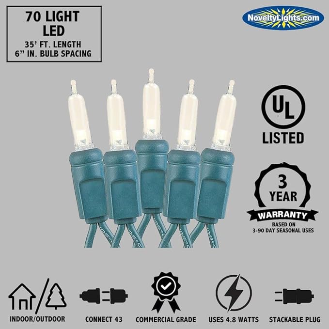Novelty Lights Vintage Style T5 Pure White LED Christmas Lights 35 Feet Green Wire String of 70 Mini Bulbs UL Listed Indoor/Outdoor Tree Lighting