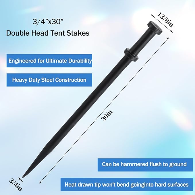 4 Pack Double Head Steel Stakes 3/4 x 30 Inch Heavy Duty Tent Ground Stakes Black Steel Ground Spikes for Speed Bump Parking Curb Outdoor Camping Tent Inflatable Garden Decor