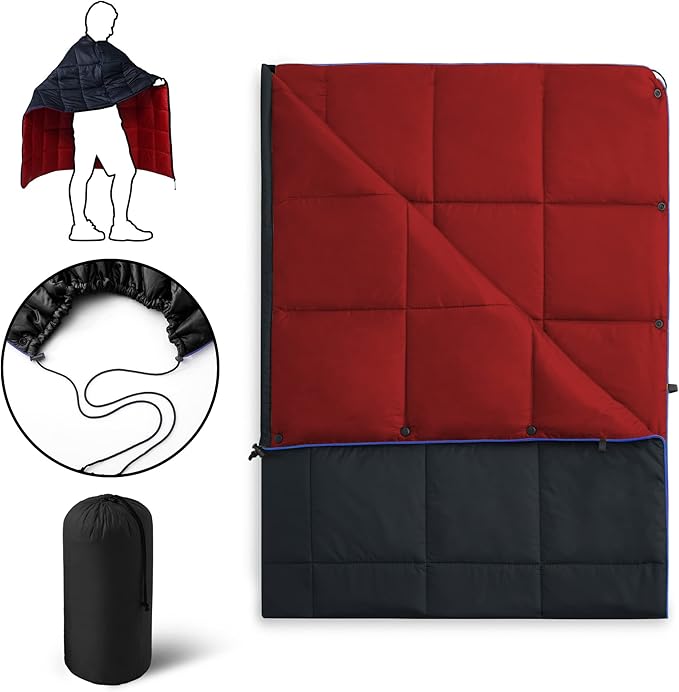 UNIKOME Waterproof Puffy Camping Blanket - Lightweight Packable Outdoor Quilt with Snaps &amp Corner Loops Warm Compact Blanket for Cold Weather Hiking Picnic Stadium Travel 75×52 Black&ampRed