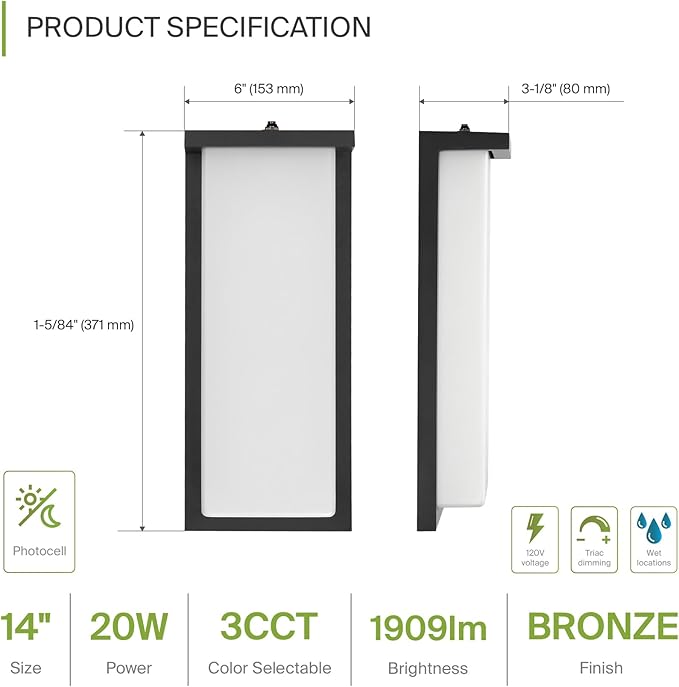 ASD LED 14 Outdoor Wall Light Dusk to Dawn Front Door House Sconce | 3CCT Photocell Waterproof ETL Listed | 20W 1900LM 3000-5000K 120V | Exterior Patio Lighting Fixture Porch Lamp | Black