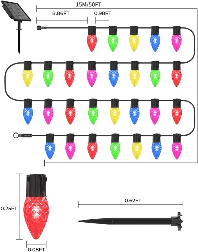 FREECUBE 50FT C9 LED Solar Christmas Pathway Lights Outdoor 25 Multicolor Bulbs with 8 Modes &amp Timer Waterproof Solar Christmas Stake Lights for Yard Lawn Sidewalk Driveway Outdoor Decorations