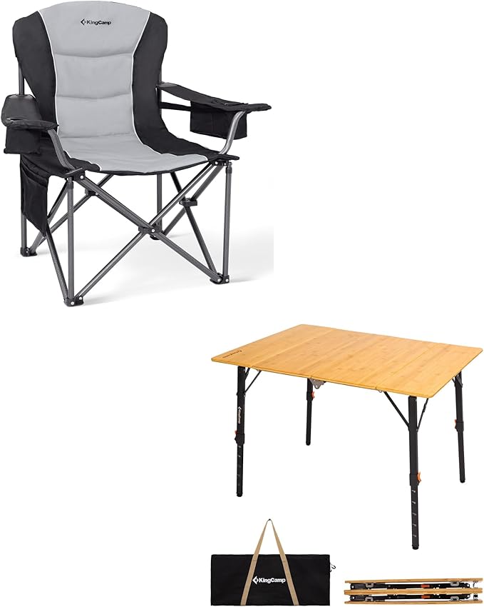 KingCamp Oversized Camping Folding Chair Heavy Duty 450 LBS with Bamboo Folding Table Portable Picnic Camping Table with Carry Bag