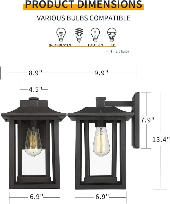 Beionxii Outdoor Light Fixture Dusk to Dawn Exterior Wall Mount Lantern Outside Lights for House Porch Patio Black Cast Aluminum w/Clear Glass (13.5 x 9) - A197W-2PK