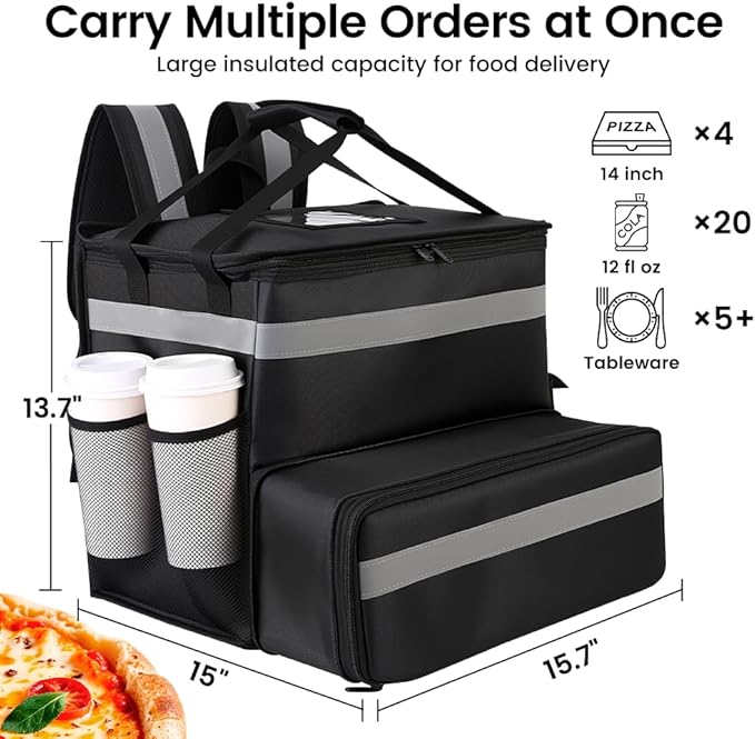 Food Delivery BagLarge Insulated Backpack for Doordash/Uber Eeats Expandable Cooler Bags for Bike/Motorcycle with Reflective Strip and Cup HoldersReusable Pizza Food Delivery Bag with Hand Straps