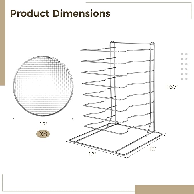 8 Tier Pizza Rack With 8 Perforated 12 Inch Perforated Pizza Pans with Holes 16.7'' H x 12'' L x 12'' W Stainless Steel Pizza Pan Rack Holder for Buffet Table Easy Storage Multiple Pizzas (8 Tier)