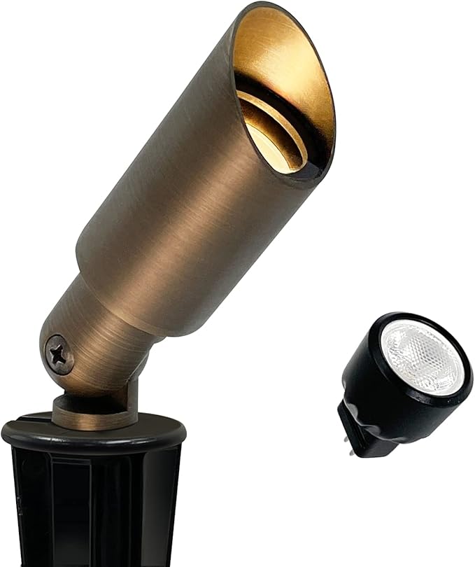 GKOLED Mini Size Brass Landscape Spotlight Low Voltage 12V AC/DC Outdoor Directional Up Light 180 LM 3W MR8 LED Bulb ABS Ground Stake 2700K Warm White Garden Patio Trees Spot Uplight