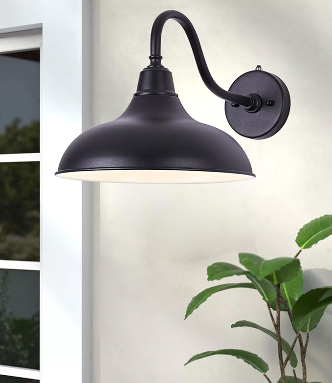 Outdoor Gooseneck Barn Light -12” Black Dusk to Dawn Exterior Wall Sconce Lighting with Photocell for Farmhouse House Porch Entryways Garage (2 Pack)