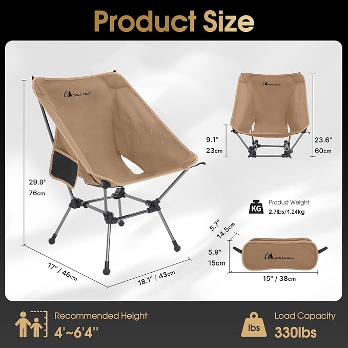 MOON LENCE Portable Camping Chair Plus Larger &amp Roomier Compact and Lightweight Still Folding Chair for Backpacking &amp Hiking 330Lbs Capacity (Desert Rust)