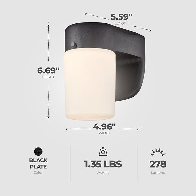 6106700 One-Light Dimmable LED Outdoor Wall Fixture with Dusk to Dawn Sensor Black Finish with Frosted Opal Glass
