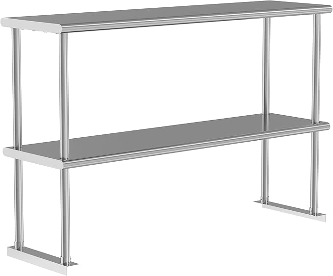 Double Overshelf Double Tier Stainless Steel Shelf 12 x 48 Inches Adjustable Height Commercial 2 Tier Shelf 360lb Load Capacity for Prep &amp Work Table in Restaurant Home and Kitchen