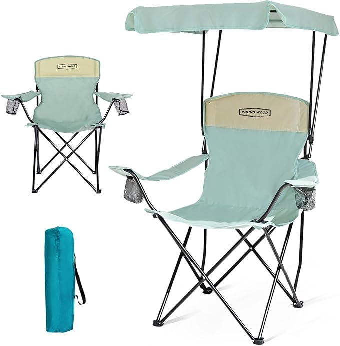 YOUNG WOOD Portable Camping Chair Beach Chair with Shade Canopy Fold Lightweight Oversized for All Easy to Open and Close Without Installation Side Pocket Design for All Outdoor Activities Blue