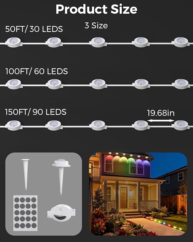 Permanent Outdoor Lights with Remote 100ft with 60 RGB-IC LED Lights for House Daily &amp Holiday Lighting  IP67 Waterproof 90+ Scene Modes for Outdoor Decor 2 in 1 Use for Eaves &amp Ground Lig