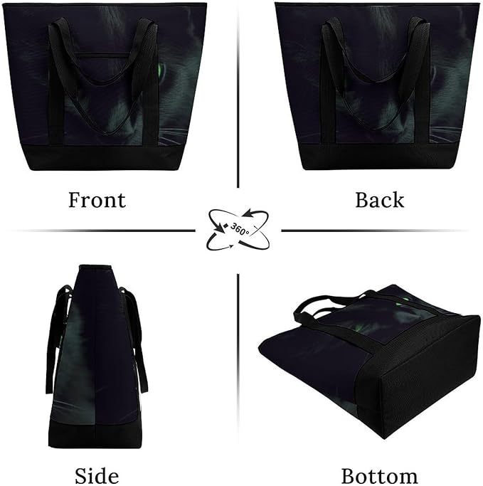 Insulated Shopping BagLarge Reusable Cooler Bags Black Cat Green Eyes Printed Foldable Shopping BagTravel Waterproof Shoulder Bag