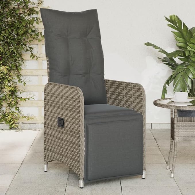 Grey PE Rattan Reclining Chair Set of 2 Steel Frame 21.5x23x36.2 Adjustable with Cushions Patio/Balcony/Poolside
