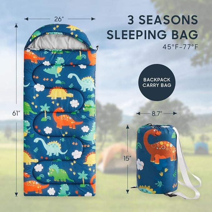 Wake In Cloud - Kids Sleeping Bag for Boys Toddlers Camping in Warm Cold Weather Backpacking Lightweight Compact Outdoor Liner for 3 Seasons Cartoon Jurassic Dinosaur
