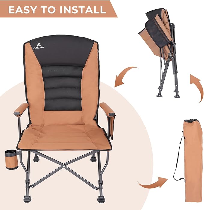 Camping Chairs for Adults Adjustable Backrest Heavy Duty Oversized Folding Camping Chair Supports 350lbs for Outside with Cup Holder&ampSide Pocket Outdoor Folding Camp Chair with High Back (Brown)