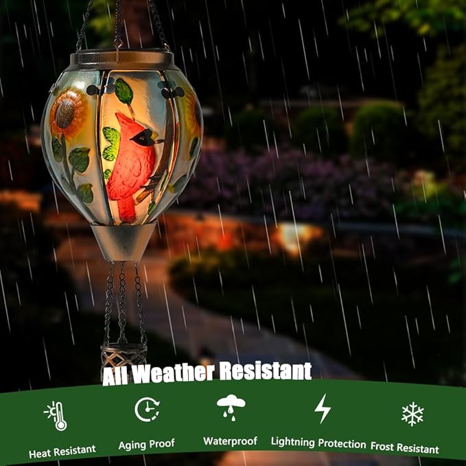 Hot Air Balloon Solar Lantern - Cardinal Bird Glass Lantern Simulated Flickering &amp Dancing Flame Outdoor Hanging Yard Light Waterproof IP65 for Patio Lawn Porch Decor Gift