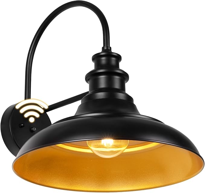 Dusk to Dawn Sensor Outdoor Barn Light Fixture 16 Inch Dome Farmhouse Outdoor Wall Sconce Exterior Wall Mount Light Industrial Black Gold Wall Lantern for Porch Garage Shed1 Pack