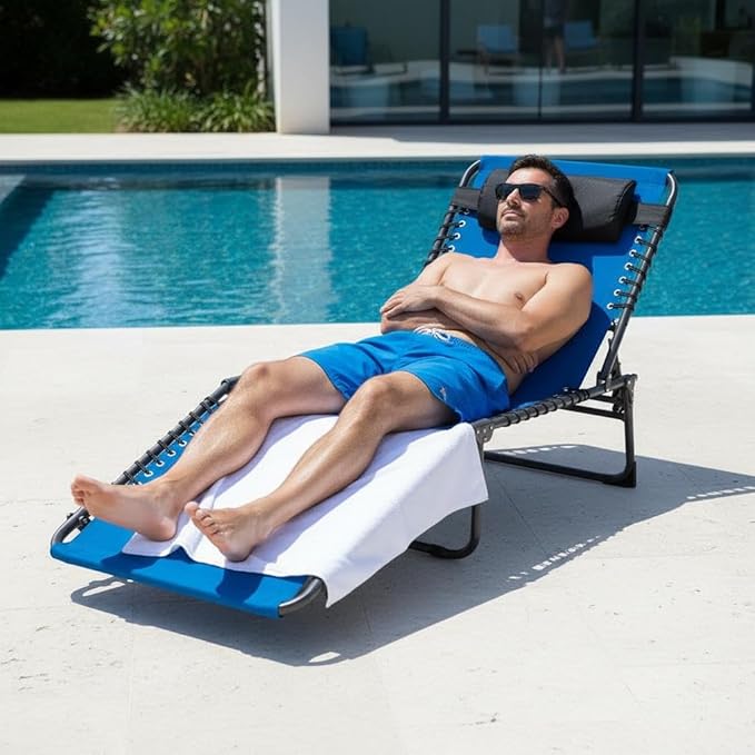 Outdoor Chaise Lounge Chair Folding Tanning Chair with 5-Position Adjustable Backrest Portable Sun Lounger with Carry Handle Side Pocket and Removable Pillow for Beach Pool Patio Camping Blue