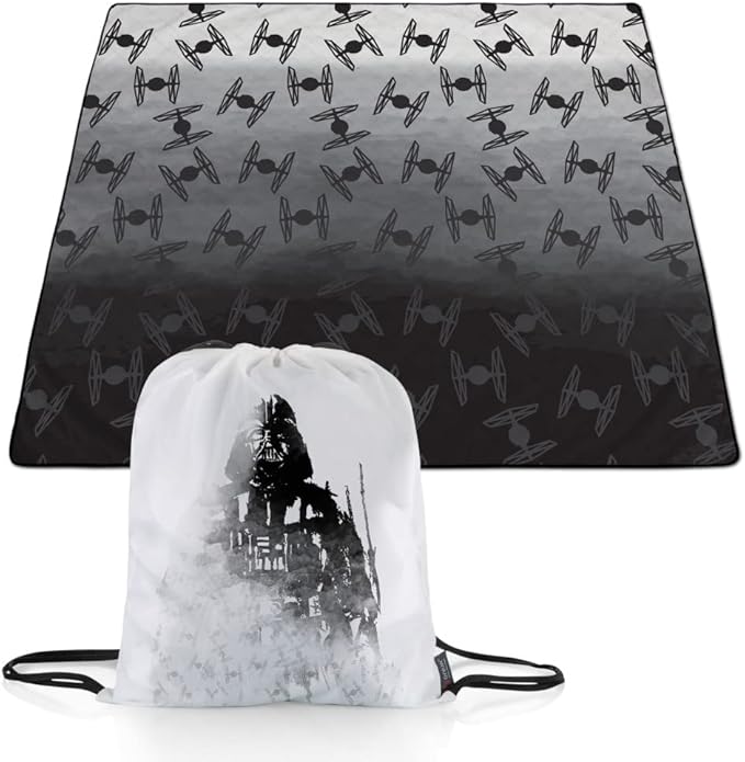 Picnic TIME Star Wars Darth Vader Impresa Picnic Blanket Lightweight Fleece Beach and Outdoor Blanket with Drawstring Backpack and Easy Fold Design (Black and White)