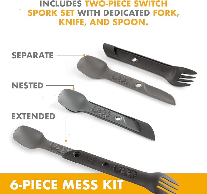 UCO 6-Piece Camping Mess Kit with Bowl Plate Collapsible Cup and Switch Camping Spork
