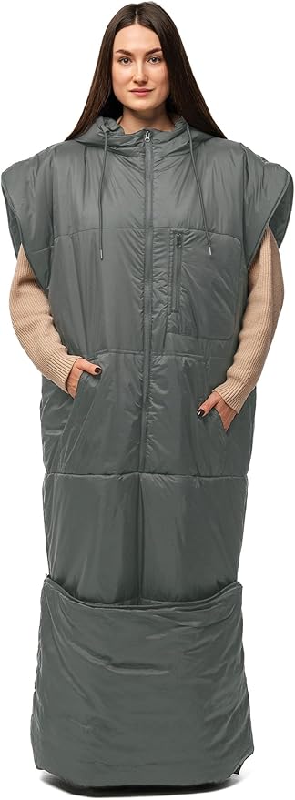 Adult Wearable Sleeping Bag with Hoodie Sleeveless Design Adjustable Drawstring Waterproof Wearable Sleeping Bag Ideal for Camping Cold Weather
