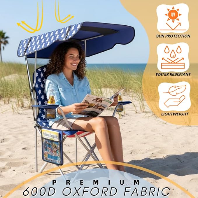 Portable Folding Camping Chairs with Canopy Shade Beach Chair for Adults Durable Weather Resistant 600D Oxford Cloth Camping Chair with Canopy for Outdoors [Flag-2 Pack]