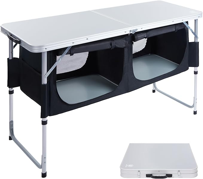 EVER ADVANCED Folding Camping Table with Storage 4 ft * 2 ft Aluminum Composite Desktop &amp Adjustable Legs Outdoor Kitchen Table for Tailgating Backyard BBQ and Picnic