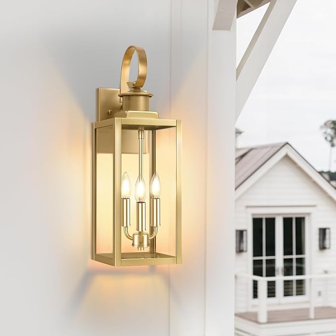 19'' Large Outdoor Wall Lantern Gold Waterproof Outside Wall Sconce Lights for House Anti-Rust Exterior Lighting Fxitures with Clear Glass Shade for Front Porch Garage Patio 1-Pack