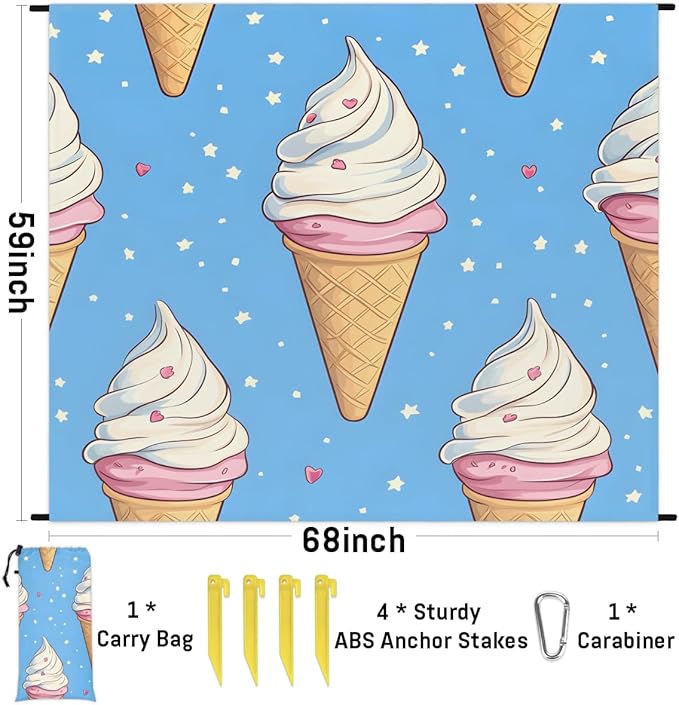 Waterproof Sandproof Beach Blanket 59''×68'' Snowflake Ice Cream Polyester Outdoor Picnic Blanket with 4 Stakes &amp Storage Bag for BeachCampingVacation Blue
