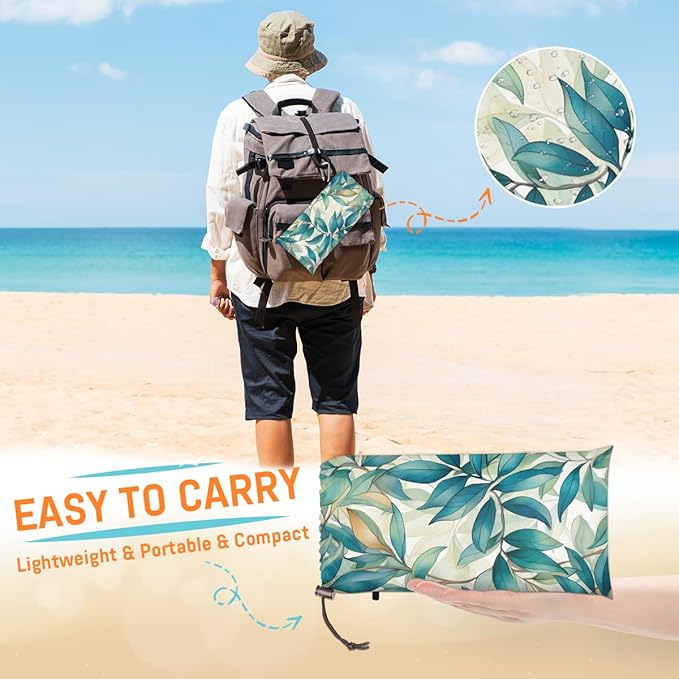 Waterproof Sandproof Beach Blanket 59''×68'' Plant Polyester Outdoor Picnic Blanket with 4 Stakes &amp Storage Bag for BeachCampingVacation Peacock Blue