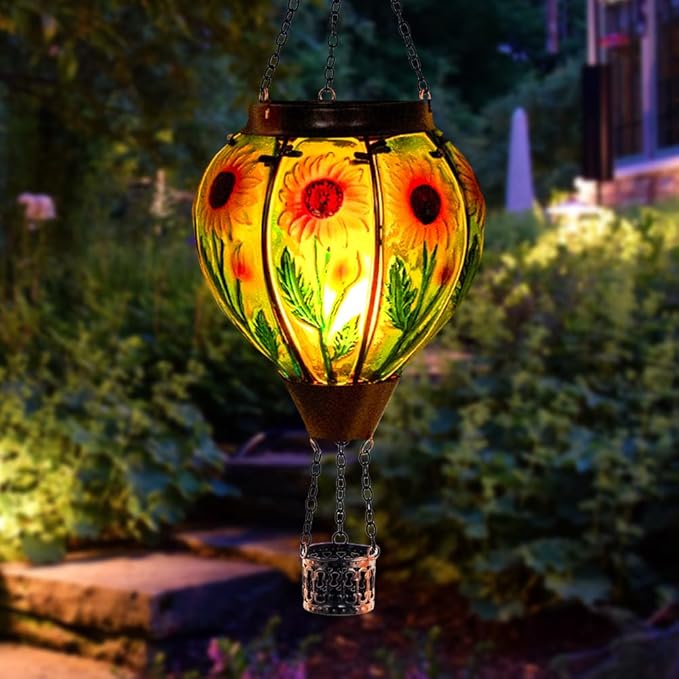 Starsoul Sunflower Hot Air Balloon Solar Lantern Glass Outdoor Hot Air Balloon Solar Flickering Flame Light Hanging Solar Lanterns Outdoor Waterproof Garden Patio Yard Party Decor