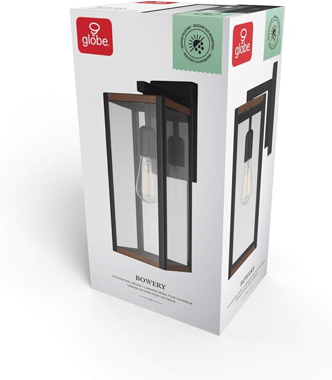 GLOBE Electric 44681 1-Light Outdoor Indoor Wall Sconce Matte Black Faux Wood Accents Clear Glass Shade Back Porch Lights Front Patio Garage Fixture Exterior Lighting for House