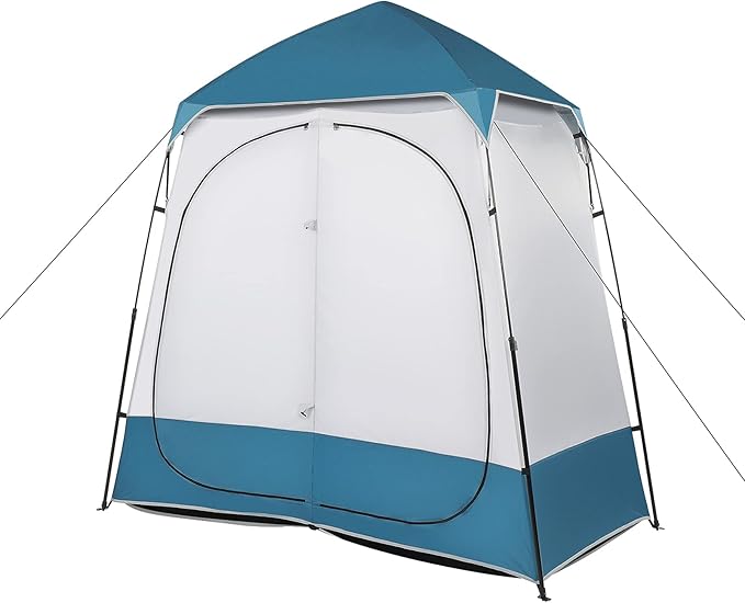 Outvita Oversize 2 Rooms Shower Tent 7.5 FT Outdoor Pop up Changing Room Instant Extra Wide Privacy Shelter for Camping Dressing Toilet Bathroom with Carry Bag Blue &amp White
