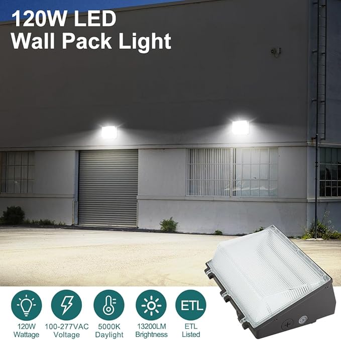 kadision 120W LED Wall Pack Light 13200lm 5000K Daylight 100-277V Dusk-to-Dawn Outdoor Lighting Fixture for Parking Lots Backyards ETL Listed 2-Pack