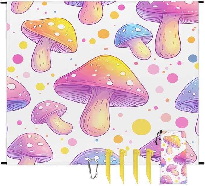 Waterproof Sandproof Beach Blanket 59''×68'' Dream Mushrooms Polyester Outdoor Picnic Blanket with 4 Stakes &amp Storage Bag for BeachCampingVacation White
