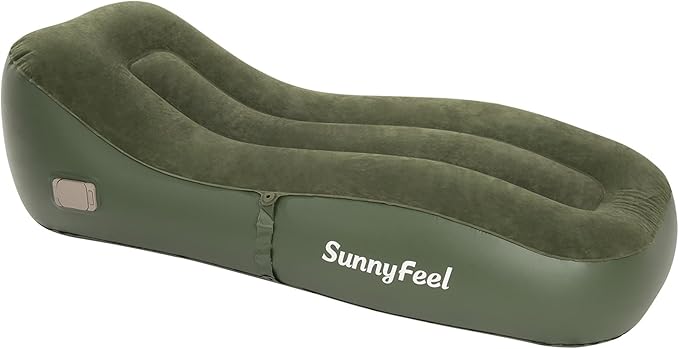 SUNNYFEEL Inflatable Lounge Chair with Built-in Pump Heavy Duty PVC Flocked Inflatable Sofa for Adults Portable Air Lounger for Camping Beach Home &amp Outdoor Army Green