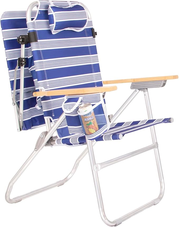 Heavy Duty Tall Beach Chair with Canopy Shade for Adults 17 High Off Ground 4-Position Reclining Insulated Cooler &amp Storage Pouch Bamboo-Finish Arms 300 lb Capacity
