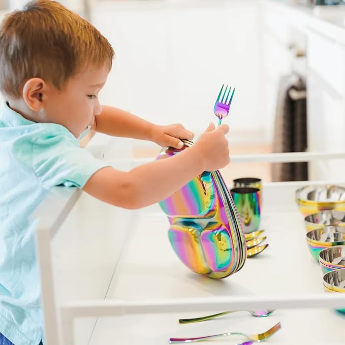 Ahimsa Stainless Steel Kids Dinnerware Set Pediatrician Designed 5 Piece Toddler Plates and Bowls Set Stainless Steel Divided Plate Cup and Kids Utensils Rainbow