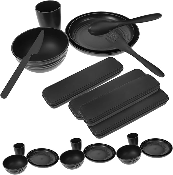Garneck 4sets Cutlery with Storage Case Utensil for People Includes Forks Spoons and Bowls for Picnics and Outdoor Dining