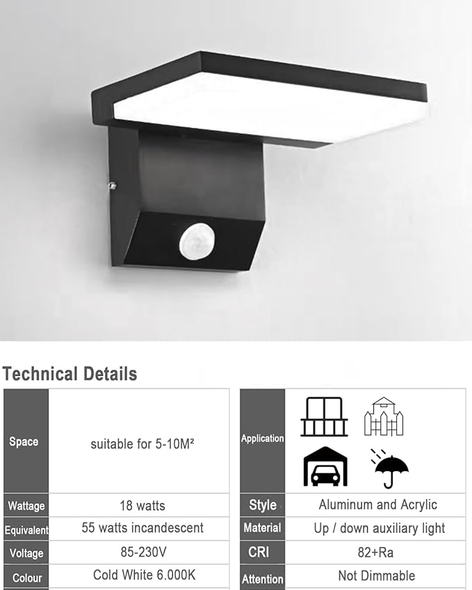 LED Motion Sensor Outdoor Lights Fixtures Wired Square 18W Modern Exterior Porch Lights Wall Sconce Light for Patio Doorway Garage Matt Black Cool White 6000K