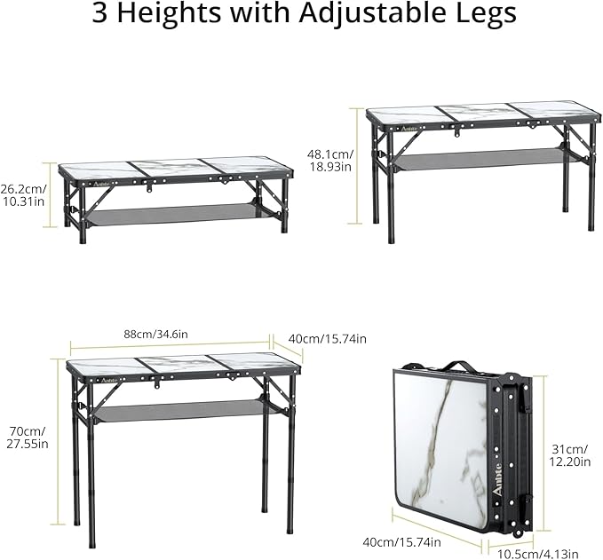 Anbte Folding Camping Table Aluminum Small Folding Table 3 Adjustable Height Max 27.5 Portable Table with Carry Handle Lightweight for Outdoor Indoor Travel Camping Picnic BBQ 34.6 x 15.7