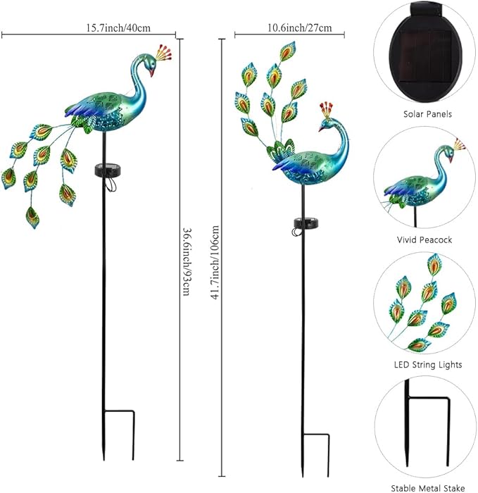 DREAMSOUL Peacock Solar Lights Outdoor 2 Pack Waterproof Outdoor Solar Lights for Yard Pathway Peacock Garden Decor