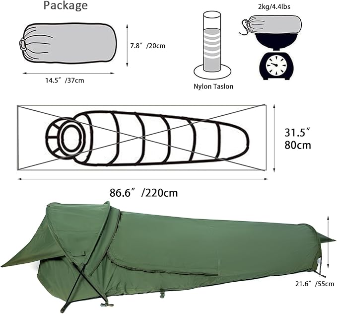 MT Military Hideaway Bivy Cover Stealth Compact Single-Pole Hooped Tent for Modular Sleeping Bags with Mosquito Bug Net MeshWaterproof Breathable Outer Shell Minimalist Shelter