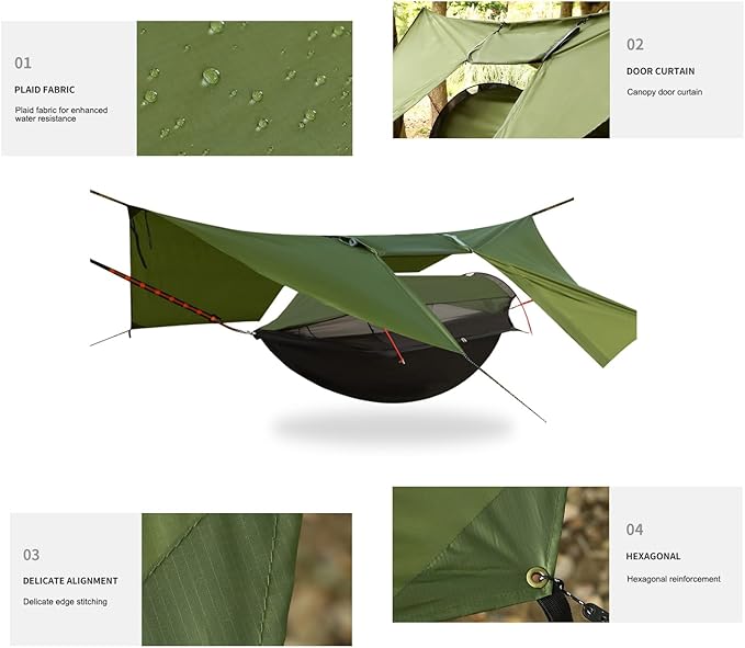 3-in-1 Camping Hammock Tent with Rain Fly Quick-Zip Door &amp Curved Poles – Lightweight Shelter with Mosquito Net