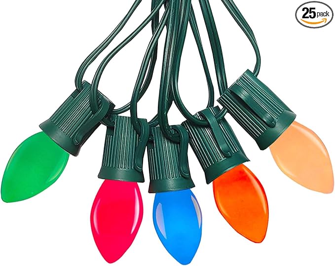 C7 LED Christmas String LightsVintage 25Ft Outdoor Multicolor String Lights with 27 Energy-Efficient Waterproof Glass LED Bulbs for Christmas Backyard CarnivalPatioWeddingHoliday Decoration.