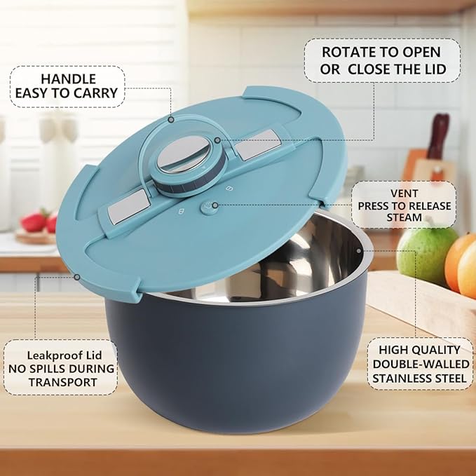 Double-Walled Stainless Steel Insulated Serving Bowl with Leak - Proof Lid - Insulated Casserole Dish - Keeps Food Warm and Cold for Hours - Perfect for Holidays Parties Camping - (5QT Blue)
